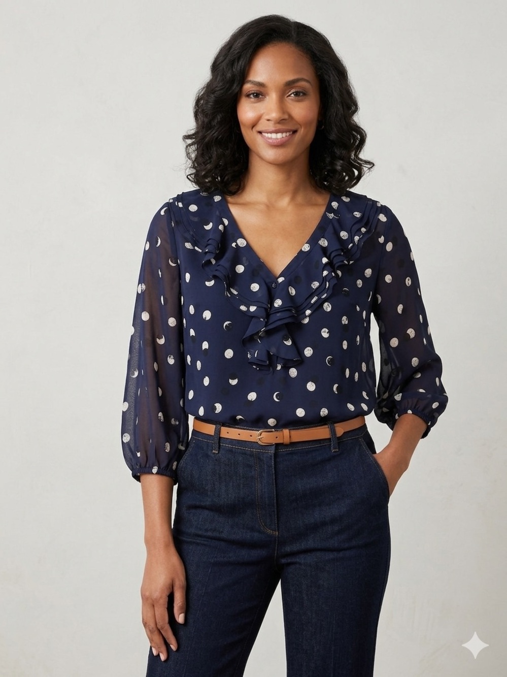 Lane Bryant Navy Polka Dot Ruffled V-Neck Blouse